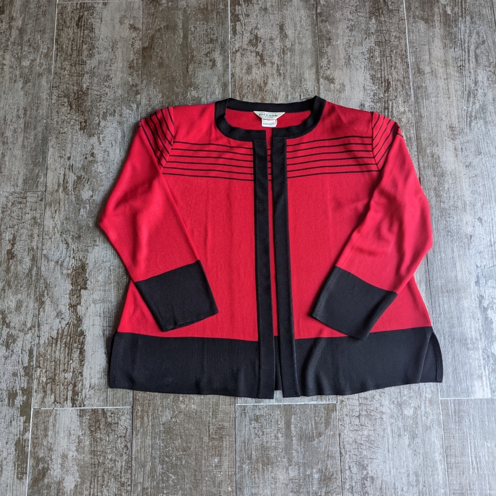 MISOOK PETITE Red Black Striped Open Front Cardigan